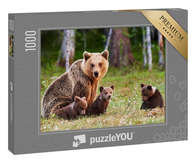 Puzzle 1000 Teile „Braunbärenmutter beschützt ihre Jungen in einem finnischen Wald“