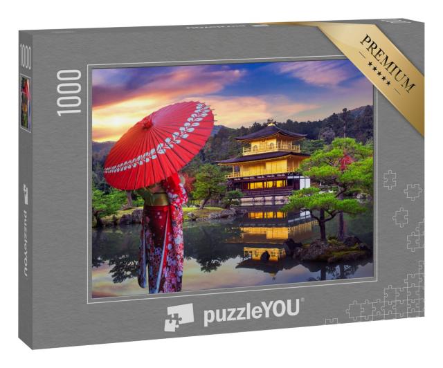Puzzle 1000 Teile „Asiatische Frau im traditionellen Kimono vor dem Goldenen Pavillion, Kyoto, Japan“