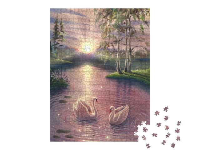 Puzzle 1000 Teile „Ölgemälde: Schwäne auf dem magischen Teich im Wald“