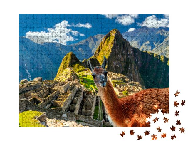 Puzzle 1000 Teile „Lama, das am Aussichtspunkt Machu Picchu in Peru steht“