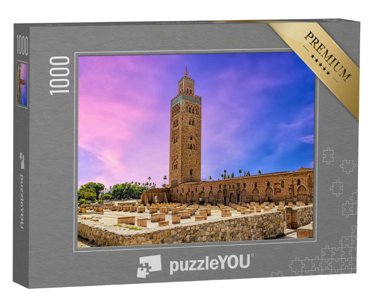 Puzzle 1000 Teile „Sonnenuntergang hinter der Koutoubia-Moschee in Marrakesch, Marokko“