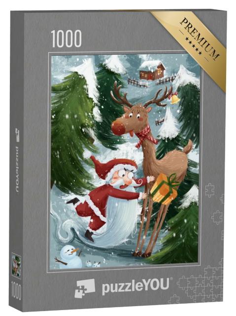 Puzzle 1000 Teile „Lustige Weihnachts-Illustration mit Weihnachtsmann, Rentier und Schneemann“