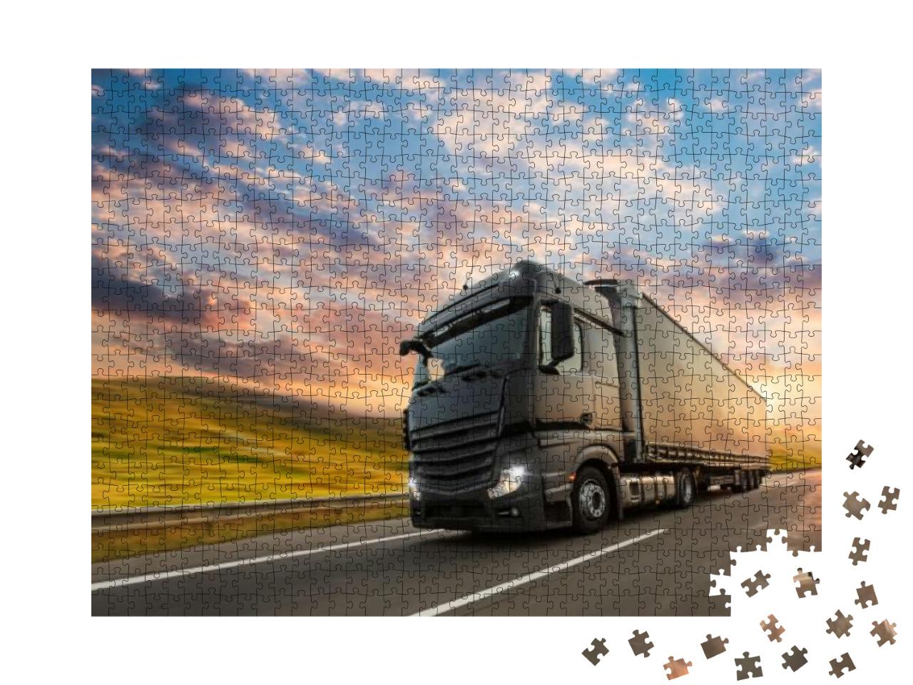 Puzzle 1000 Teile „Schwarzer LKW mit Container auf der Autobahn“