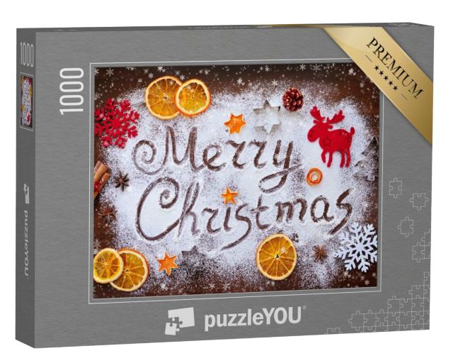 Puzzle 1000 Teile „Fröhliche Weihnachten: Text aus Mehl mit Dekorationen“