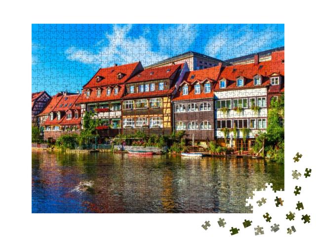 Puzzle 1000 Teile „Sommerpanorama an den Molen der Altstadt in Bamberg, Deutschland“