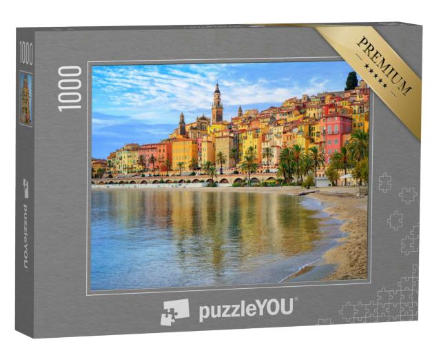 Puzzle 1000 Teile „Sandstrand unterhalb der Stadt Menton, Côte d'Azur, Frankreich“