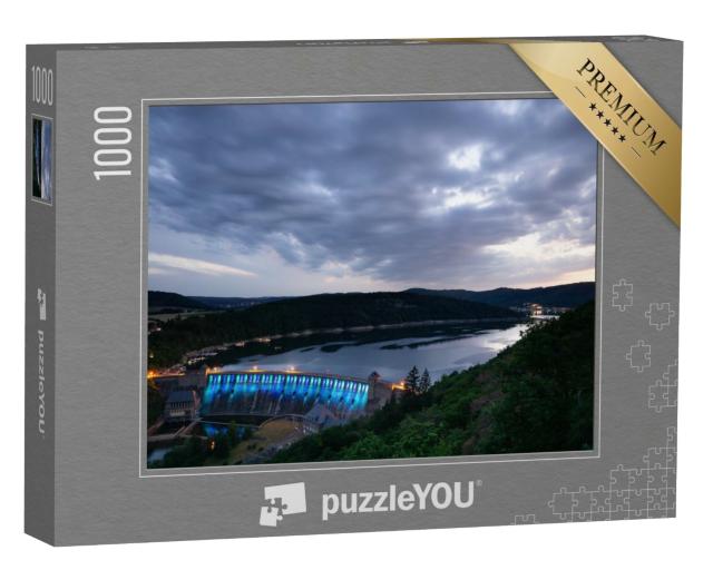 Puzzle 1000 Teile „Blick vom Aussichtspunkt Kleine Kanzel am Edersee bei Sonnenuntergang“