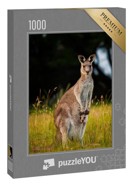 Puzzle 1000 Teile „Känguru-Mutter mit neugierigem Jungtier im Beutel“