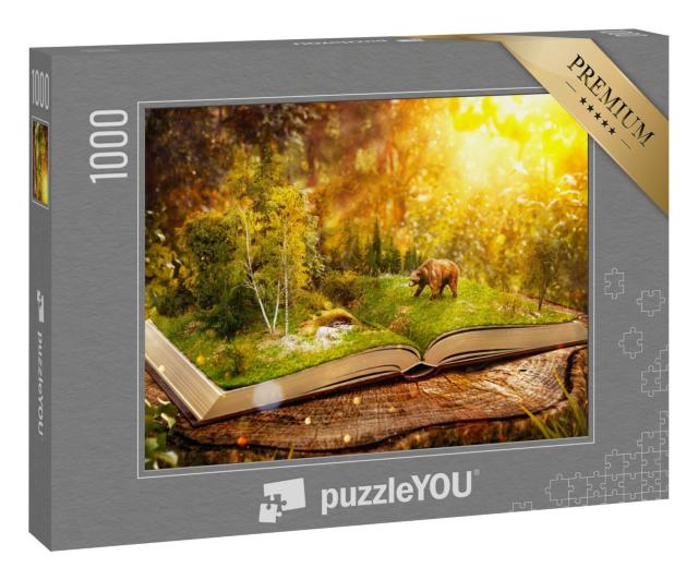 Puzzle 1000 Teile „Fantasy-Illustration: Aufgeschlagenes Buch mit wildem Wald und Bär“