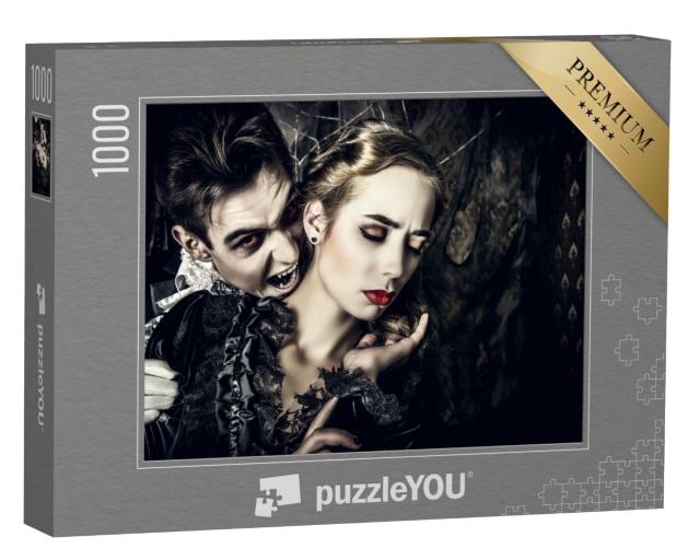 Puzzle 1000 Teile „Ein Vampir in mittelalterlicher Kleidung beißt eine Frau“