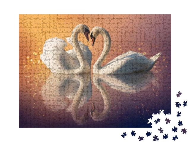 Puzzle 1000 Teile „Ein Paar Schwäne im Sonnenuntergang“
