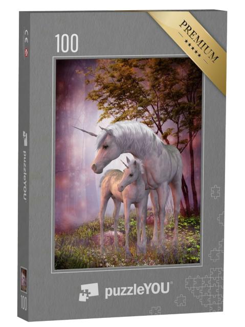 Puzzle 100 Teile „Einhornstute und Fohlen im magischen Wald“
