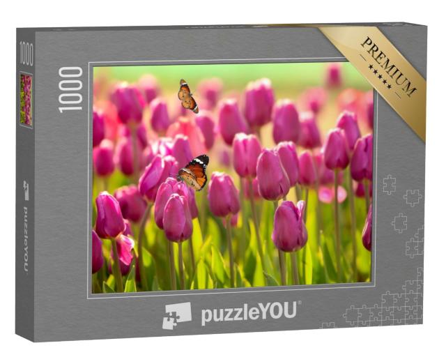 Puzzle 1000 Teile „Schmetterlinge und Tulpen an einem sonnigen Tag“