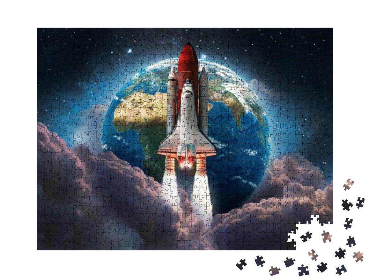 Puzzle 1000 Teile „Space Shuttle startet in den Weltraum, im Hintergrund die Erde“