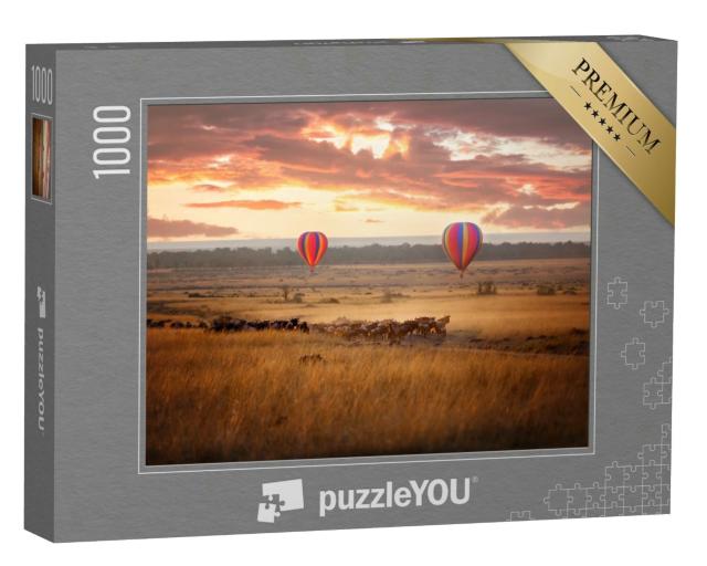 Puzzle 1000 Teile „Sonnenaufgang über der Masai Mara mit einer Herde Gnus“