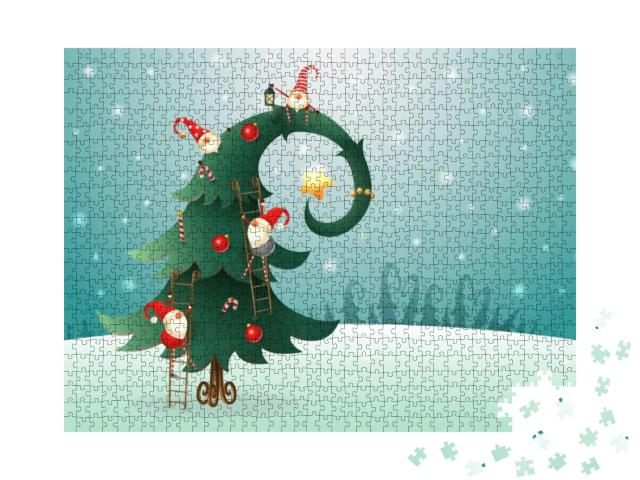 Puzzle 1000 Teile „Geschmückter Weihnachtsbaum mit Wichteln“