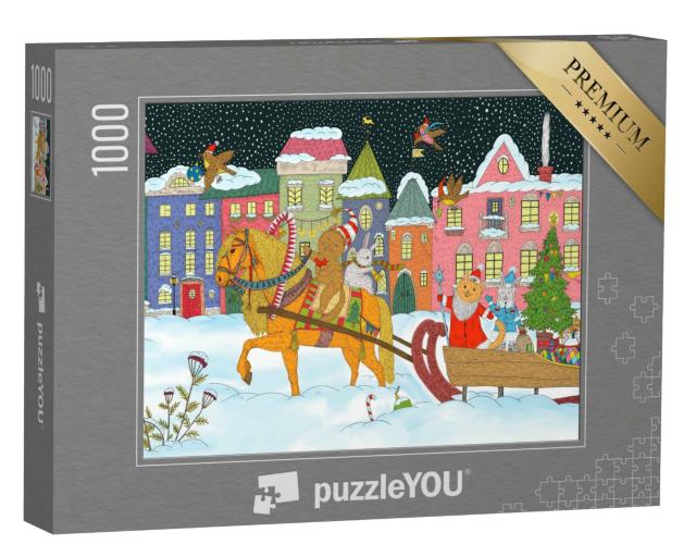 Puzzle 1000 Teile „Tierische Weihnachten: Weihnachtsmann und Tiere auf einem Pferdeschlitten“