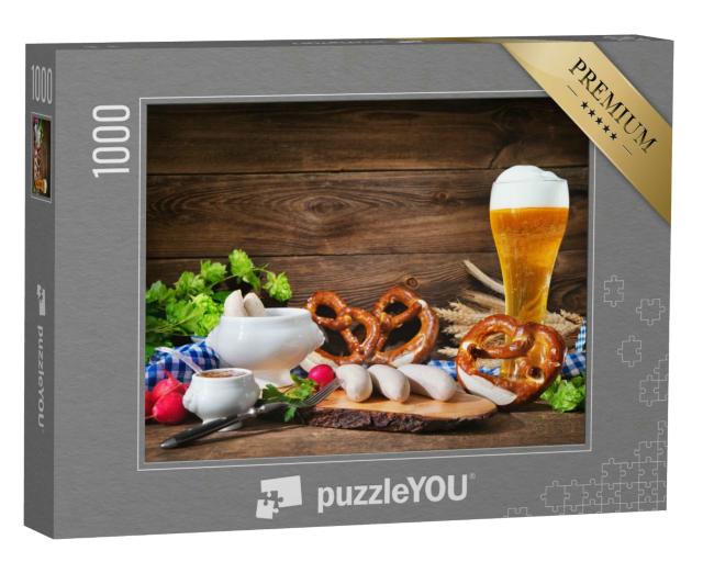 Puzzle 1000 Teile „Typisch bayerisch: Weißwurstfrühstück mit Brezeln“
