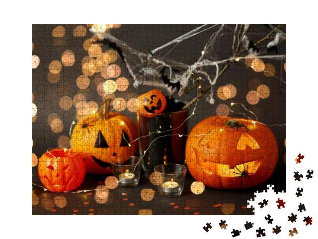 Puzzle 1000 Teile „Lustige Halloween-Dekoration mit Jack-o-Lantern und Spinnweben“