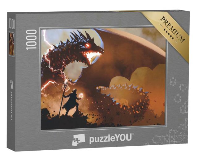 Puzzle 1000 Teile „Schwarzer Zauberer mit einem Zauberstab, der den Drachen beschwört“