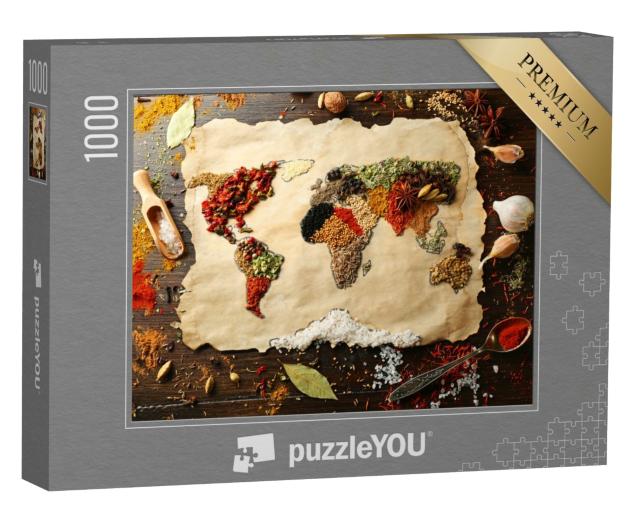 Puzzle 1000 Teile „Weltkarte aus verschiedenen Gewürzen auf hölzernem Hintergrund“