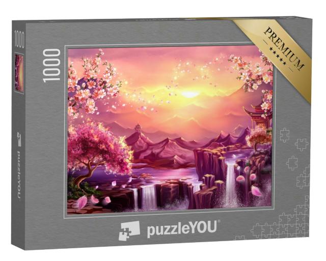 Puzzle 1000 Teile „Japanische Kirschblüte in der Dämmerung der Berge“