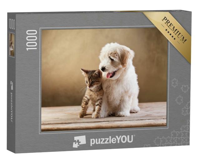 Puzzle 1000 Teile „Beste Freunde: Kätzchen und kleiner flauschiger Welpe“