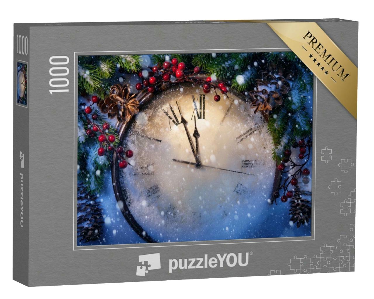 Puzzle 1000 Teile „Uhr und Tannenzweige mit Schnee bedeckt“