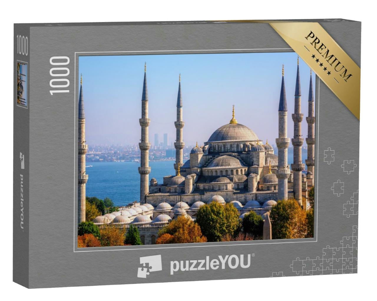 Puzzle 1000 Teile „Blaue Sultan-Ahmed-Moschee vor dem Bosporus, Istanbul, Türkei“