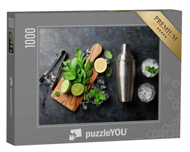 Puzzle 1000 Teile „Zutaten für einen Mojito-Cocktail: Shaker, Minze, Limette, Eis“