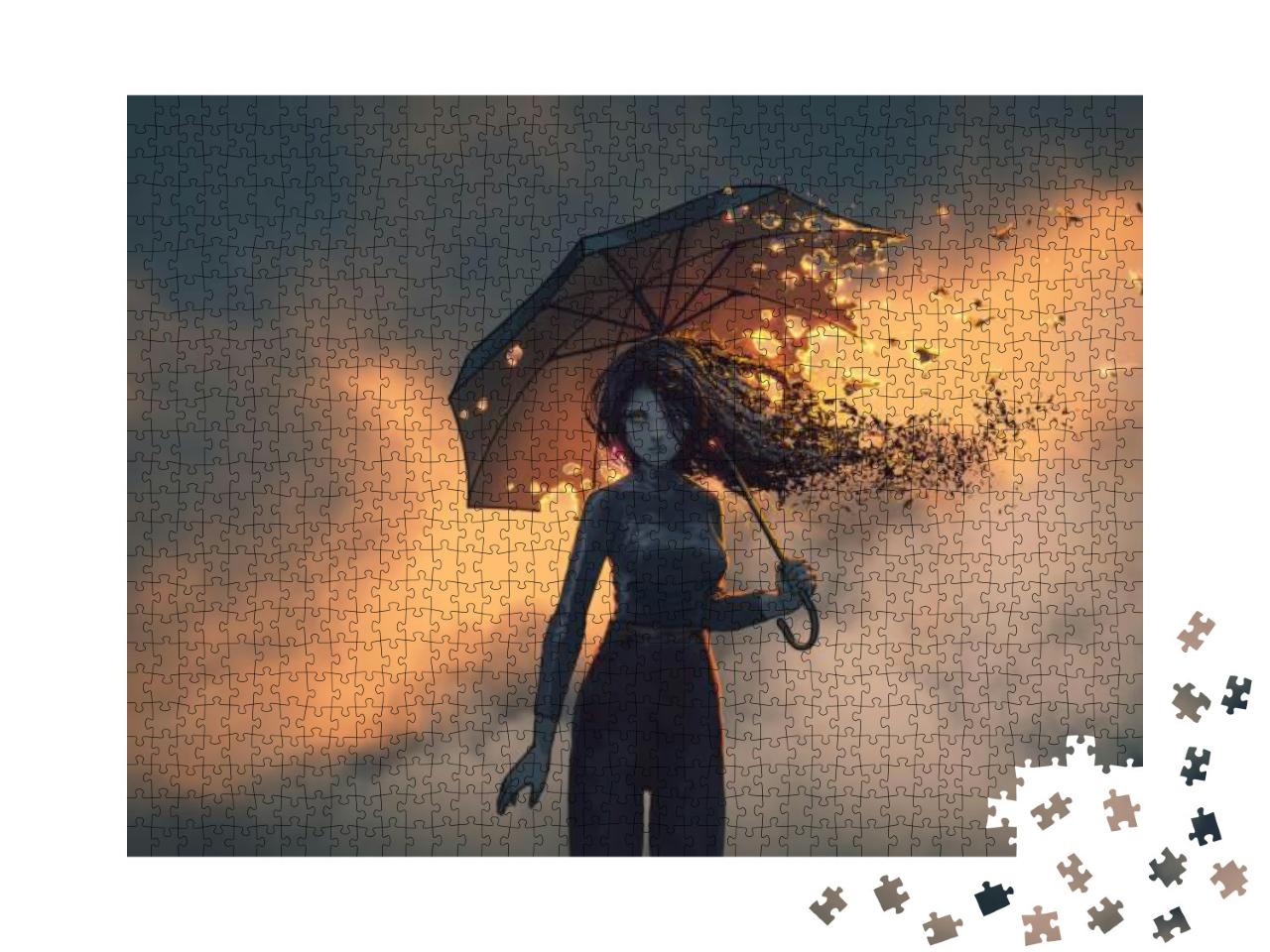 Puzzle 1000 Teile „Geheimnisvolle Frau mit brennendem Regenschirm“