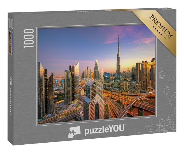 Puzzle 1000 Teile „Luxus-Wolkenkratzer bei Sonnenuntergang, Skyline von Dubai“