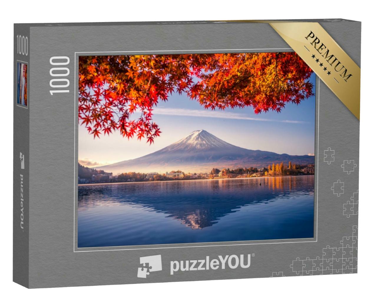 Puzzle 1000 Teile „Herbstmorgen am Berg Fuji mit roten Blättern am Kawaguchiko-See, Japan“