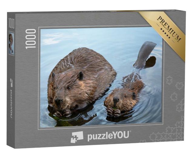 Puzzle 1000 Teile „Bibermama und Biberbaby beim Kauen von Ästen“