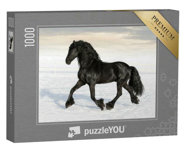 Puzzle 1000 Teile „Schwarzes friesisches Pferd im Schnee“