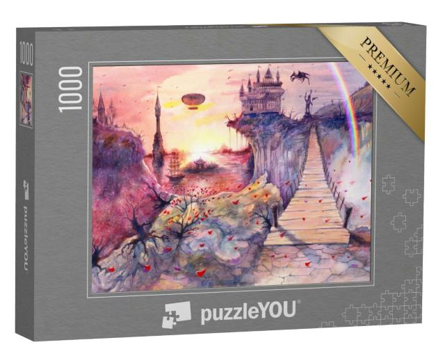 Puzzle 1000 Teile „Aquarellmalerei: Eine fantastische Landschaft in zarten Farben“
