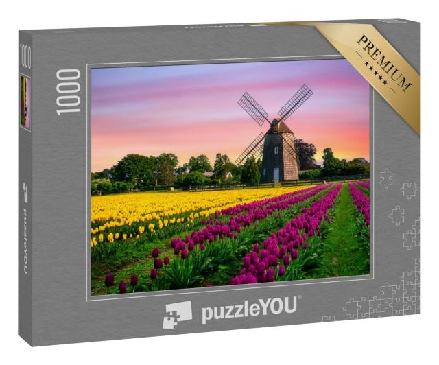 Puzzle 1000 Teile „Windmühle in einem Tulpenfeld mit Blumen“