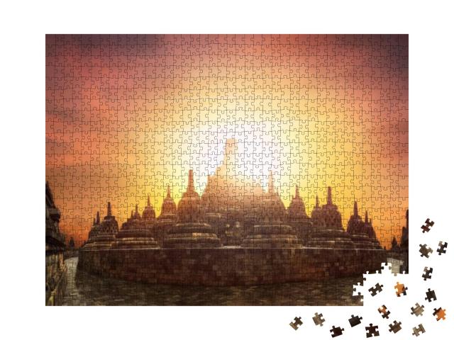 Puzzle 1000 Teile „Sonnenuntergang am Borobudur-Tempel“