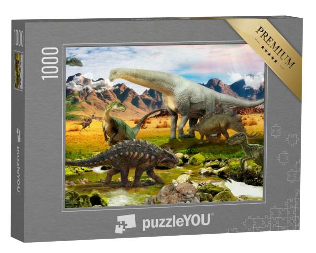 Puzzle 1000 Teile „Illustration: Dinosaurier, Park am See“