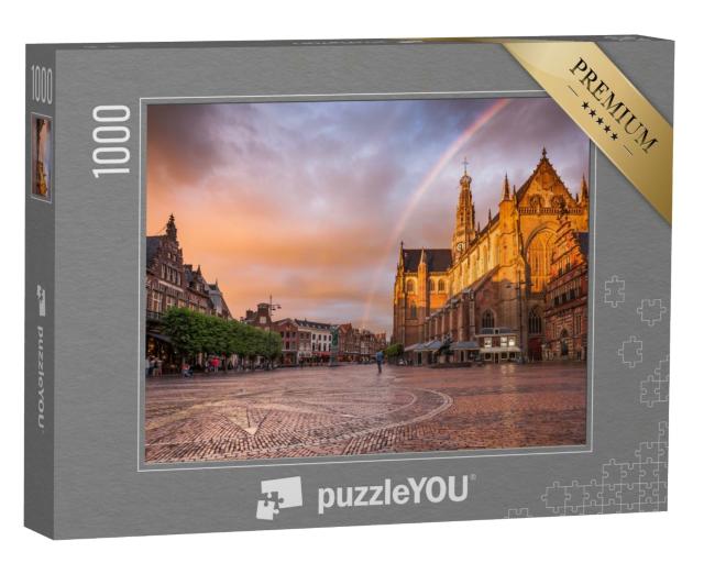 Puzzle 1000 Teile „Wunderschöner Regenbogen über dem Grote Market in Haarlem, Niederlande“