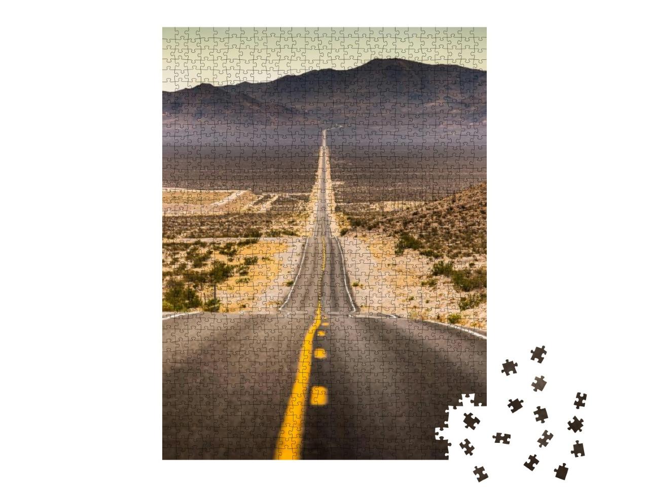 Puzzle 1000 Teile „Schier endlos gerade Straße im Staub, Kalifornien, USA“