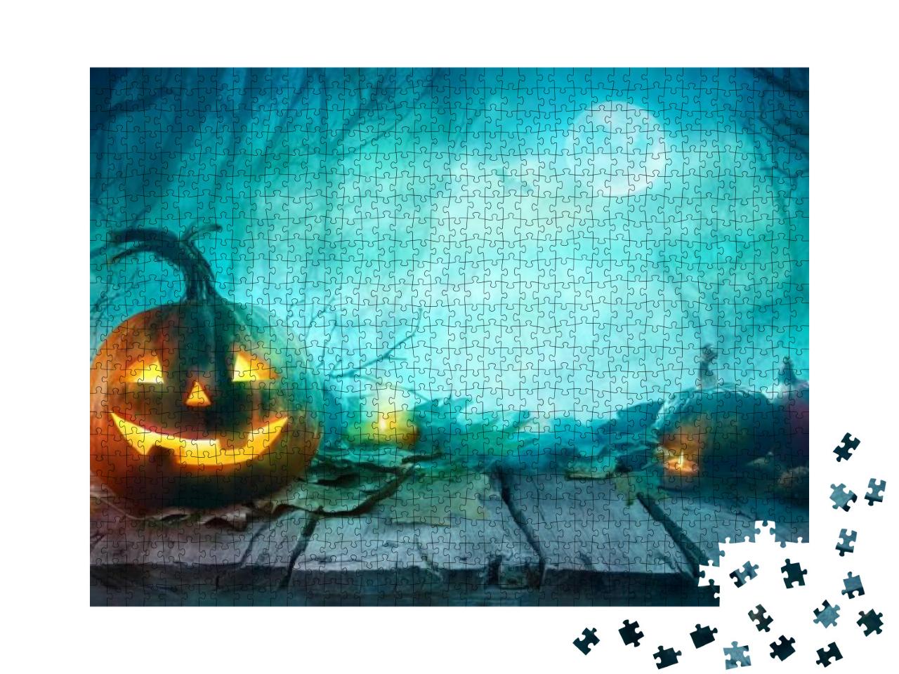 Puzzle 1000 Teile „Geschnitzte Kürbisse im Vollmond der Halloween-Nacht“