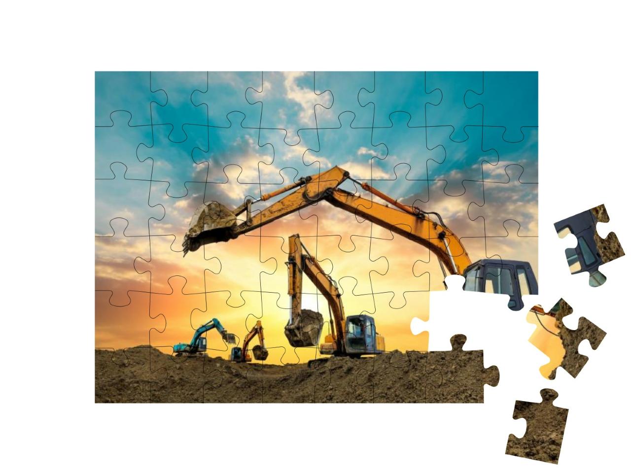 Puzzle 48 Teile „Bagger arbeiten bei Sonnenuntergang auf der Baustelle“