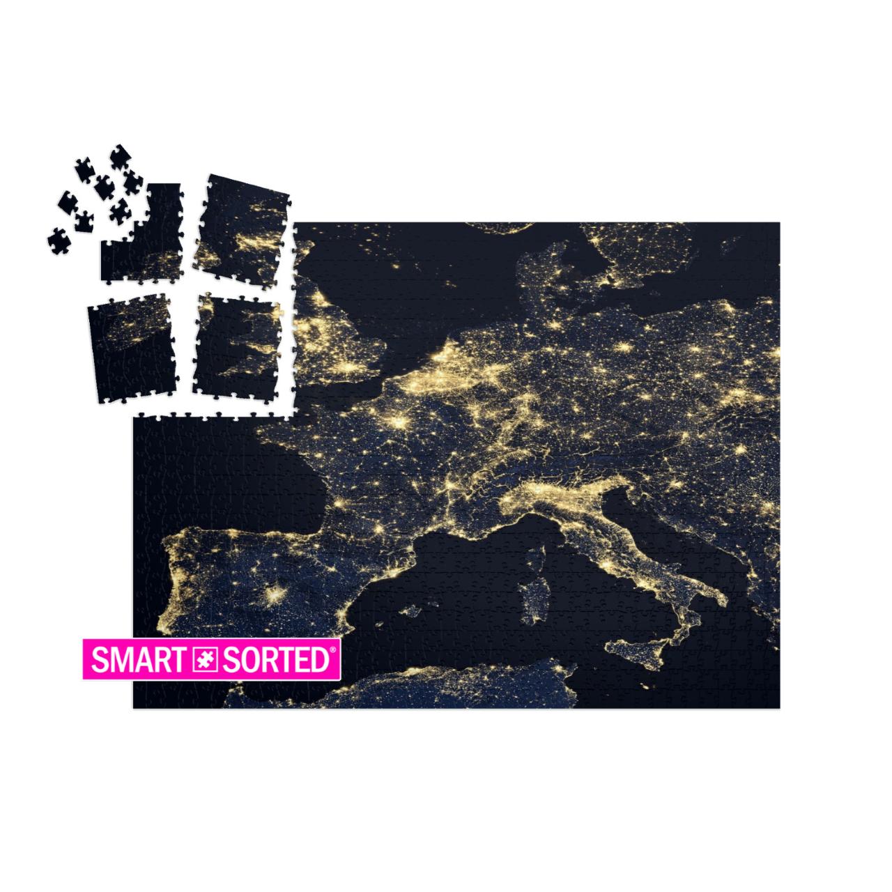 SMART SORTED® | Puzzle 1000 Teile „Lichter der Stadt auf der Weltkarte, Europa, NASA“