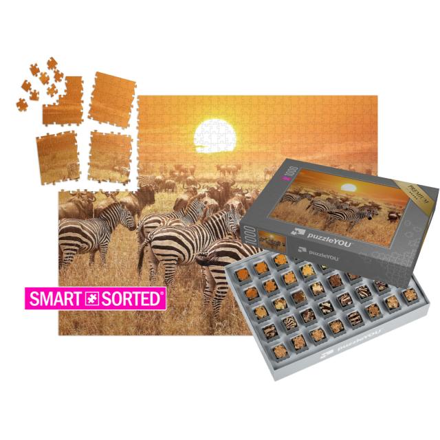 SMART SORTED® | Puzzle 1000 Teile „Zebra bei Sonnenuntergang im Serengeti-Nationalpark, Afrika, Tansania“