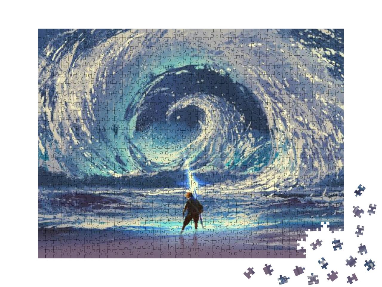Puzzle 1000 Teile „Mann mit magischem Speer wirbelt das Wasser auf, digitaler Kunst-Stil“