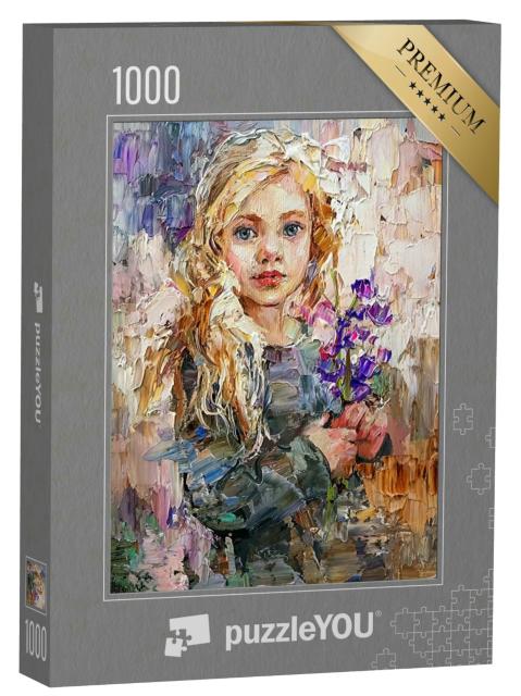 Puzzle 1000 Teile „Ölgemälde: Mädchen mit Blauglockenblüte“