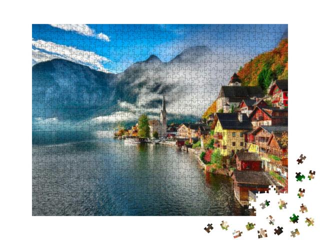 Puzzle 1000 Teile „Nebliger Sonnenaufgang im Herbst, Hallstatt, Österreich“