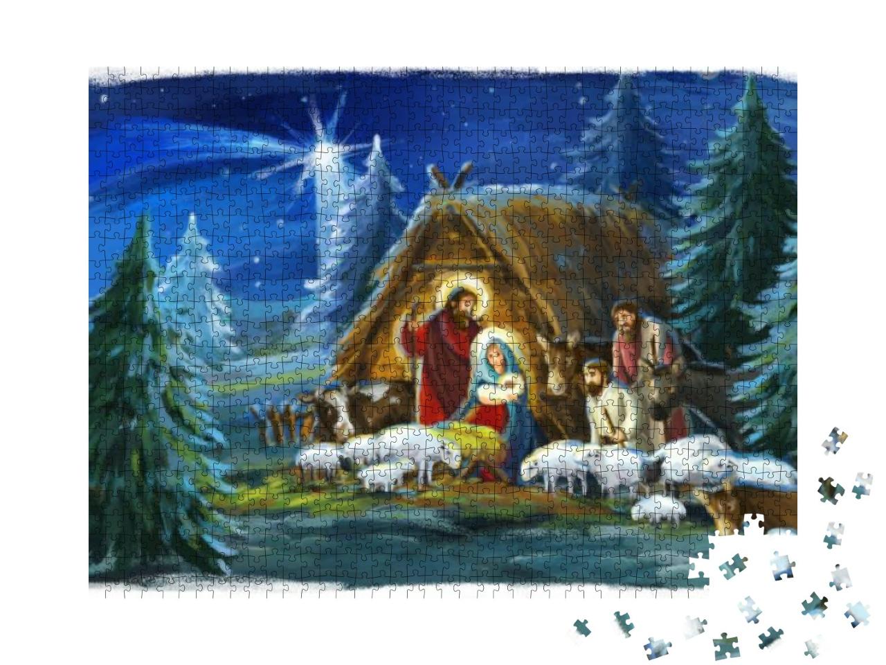 Puzzle 1000 Teile „Traditionelle Weihnachtsszene mit der heiligen Familie und Tieren“