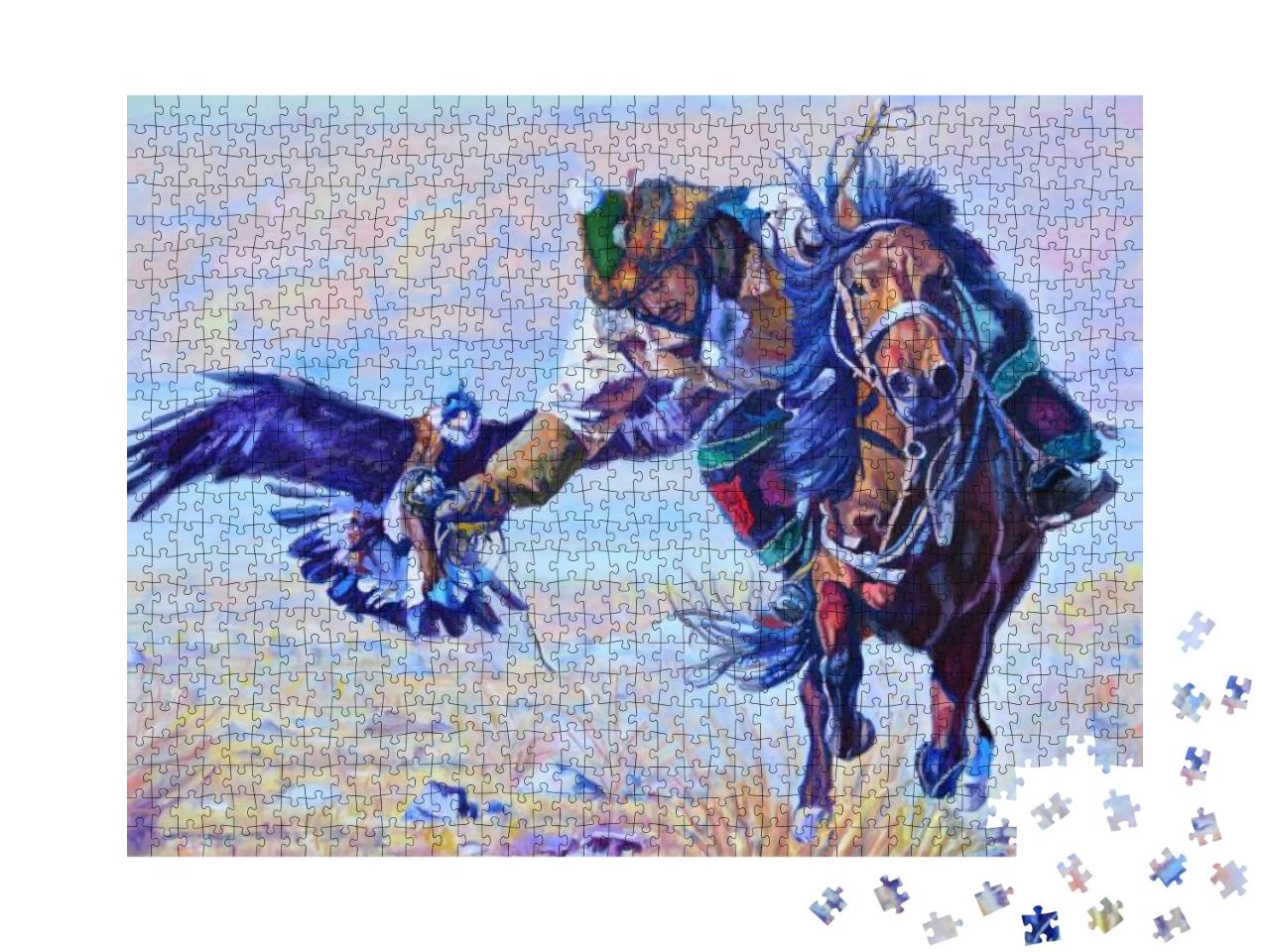 Puzzle 1000 Teile „Mann auf einem Pferd mit einem Adler aus Kasachstan“